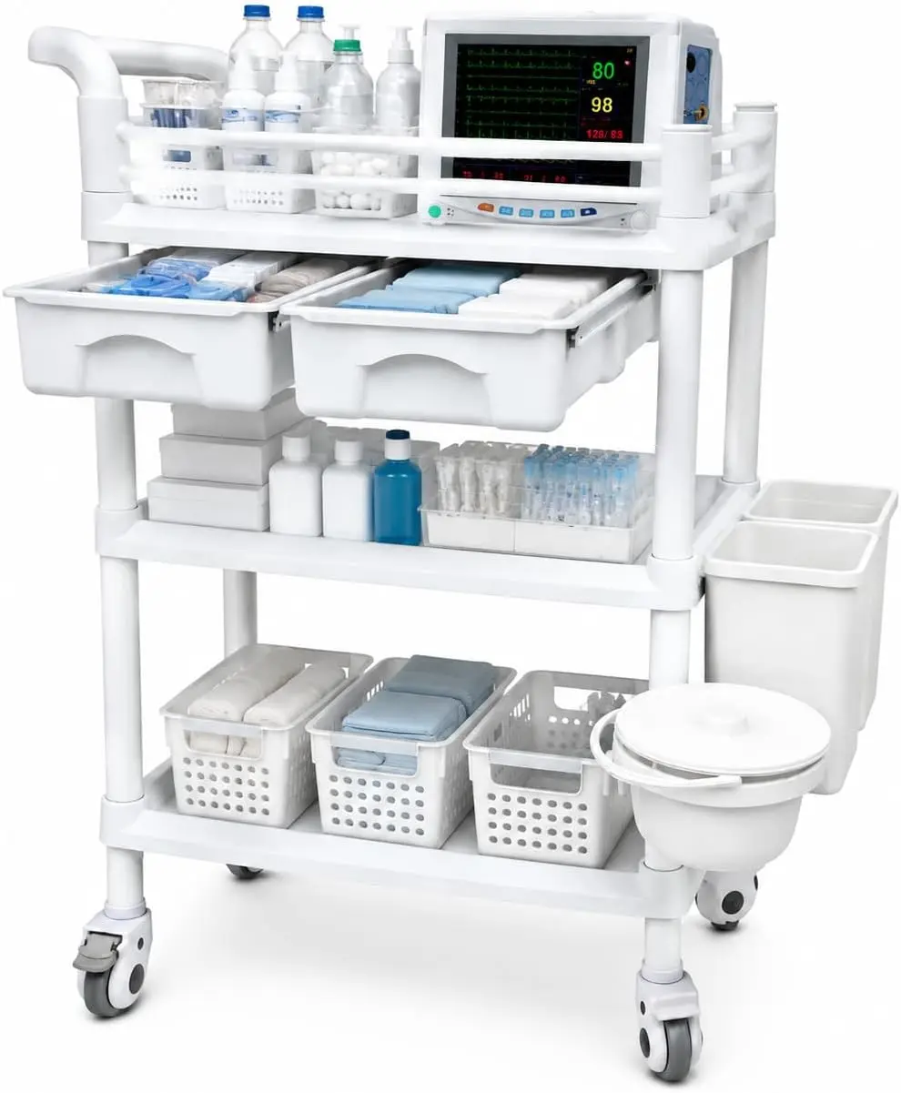 Rolling Medical Trolley Mobile Cart 3 Tier 2 Drawers ABS Utility