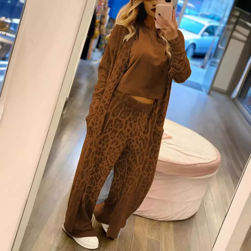 Conjunto de duas peças com estampa de leopardo para mulheres, jaqueta cardigã de manga comprida e calças largas, roupa casual para salão, moda primavera