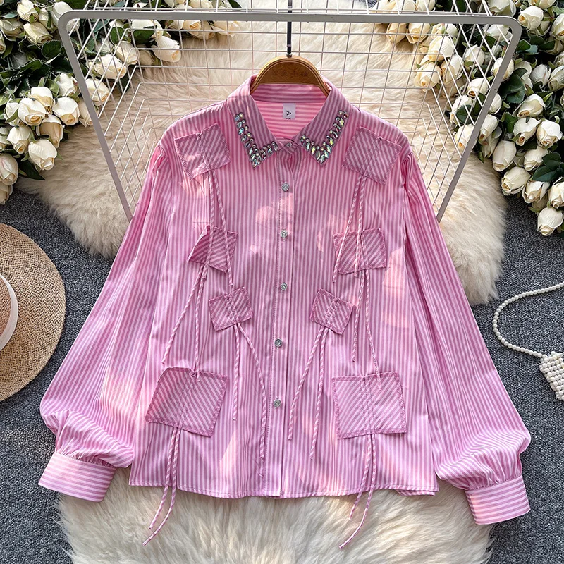 Women's Autumn Shirt French Diamond Studded Lapel with Single Breasted Stripes Loose Versatile Casual Patchwork Pocket Top BL041