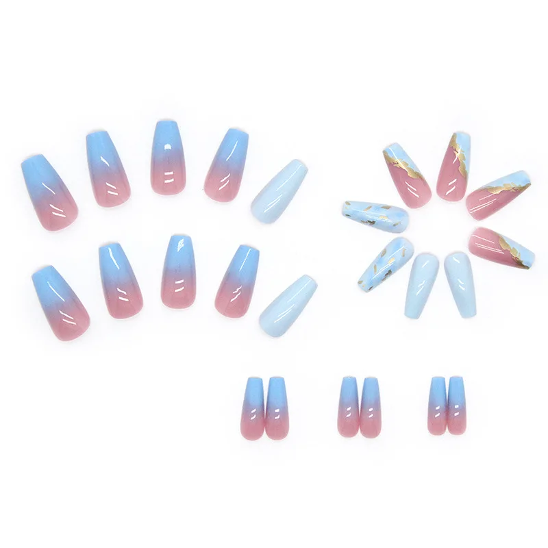 24pcs Wearable Fake Nails Blue Smudged Medium Long Coffin Gold Foil False Nails Full Cover Nail Tips Set Press On Nails DIY Tool