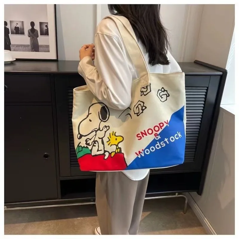 Miniso Disney Snoopy Cartoon Kawaii Canvas Bag Women's Fashion Versatile Large Capacity Casual Cute Shoulder Bag Handbag Gift