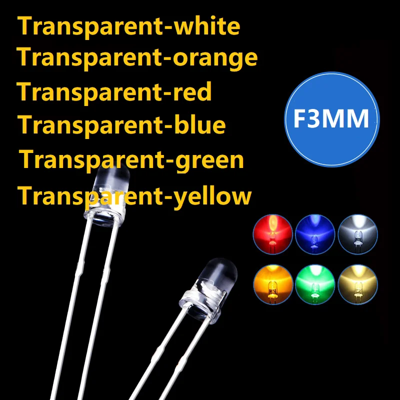 100pcs /lot Transparent Round  super bright water clear 3mm F3 Green Red white Yellow Blue Orange Light LED bulbs emitting diode