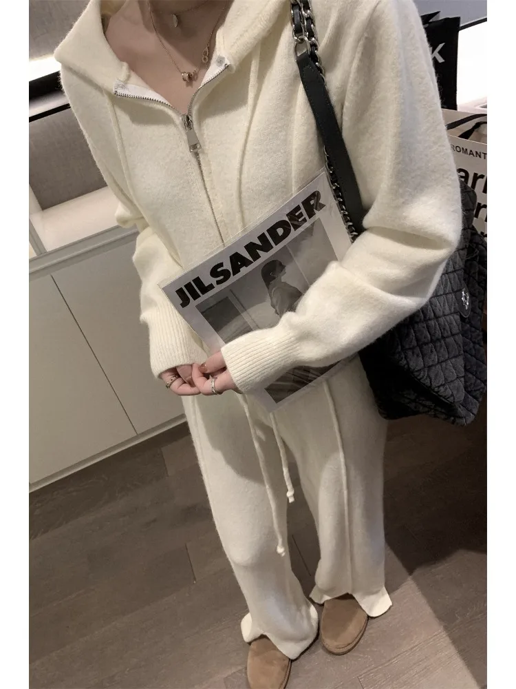 Fashion Loose Pants Sets Women Knitted Two Piece Set Daily Zipper Hooded Sweater Coat Long Drawstring Knitted Pant Autumn Winter