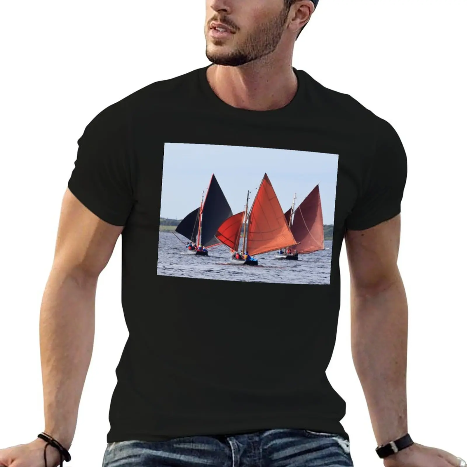 Three Irish boats (Galway Hookers) with red sails T-Shirt Sweat Absorbing Sports Tee Shirt