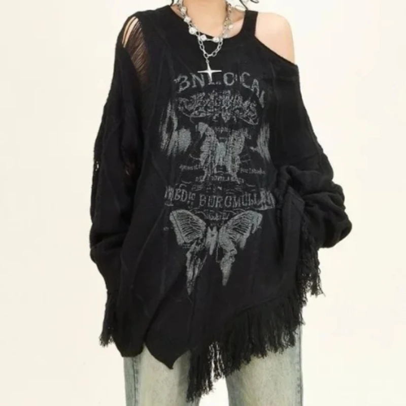 

Y2k Harajuku Gothic Knitted Pullovers Women Japanese Fashion Sexy Off Shoulder Tops Female Korea Loose Casual Sweater 2024 New