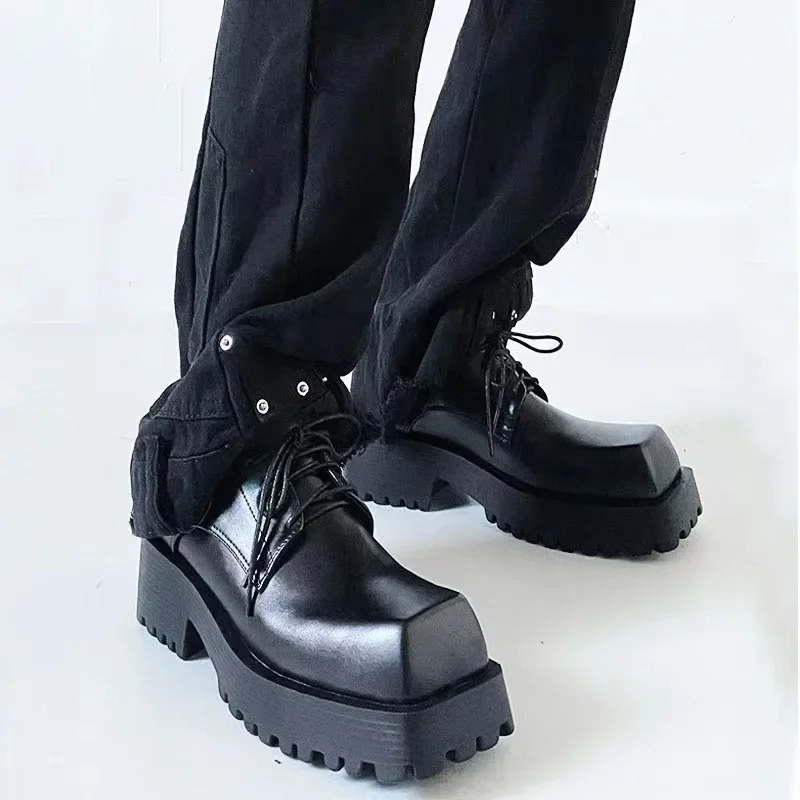 

Men's Same Square Head 2025 New Leather Trendy Platform Casual Black Square Toe Derby Shoes
