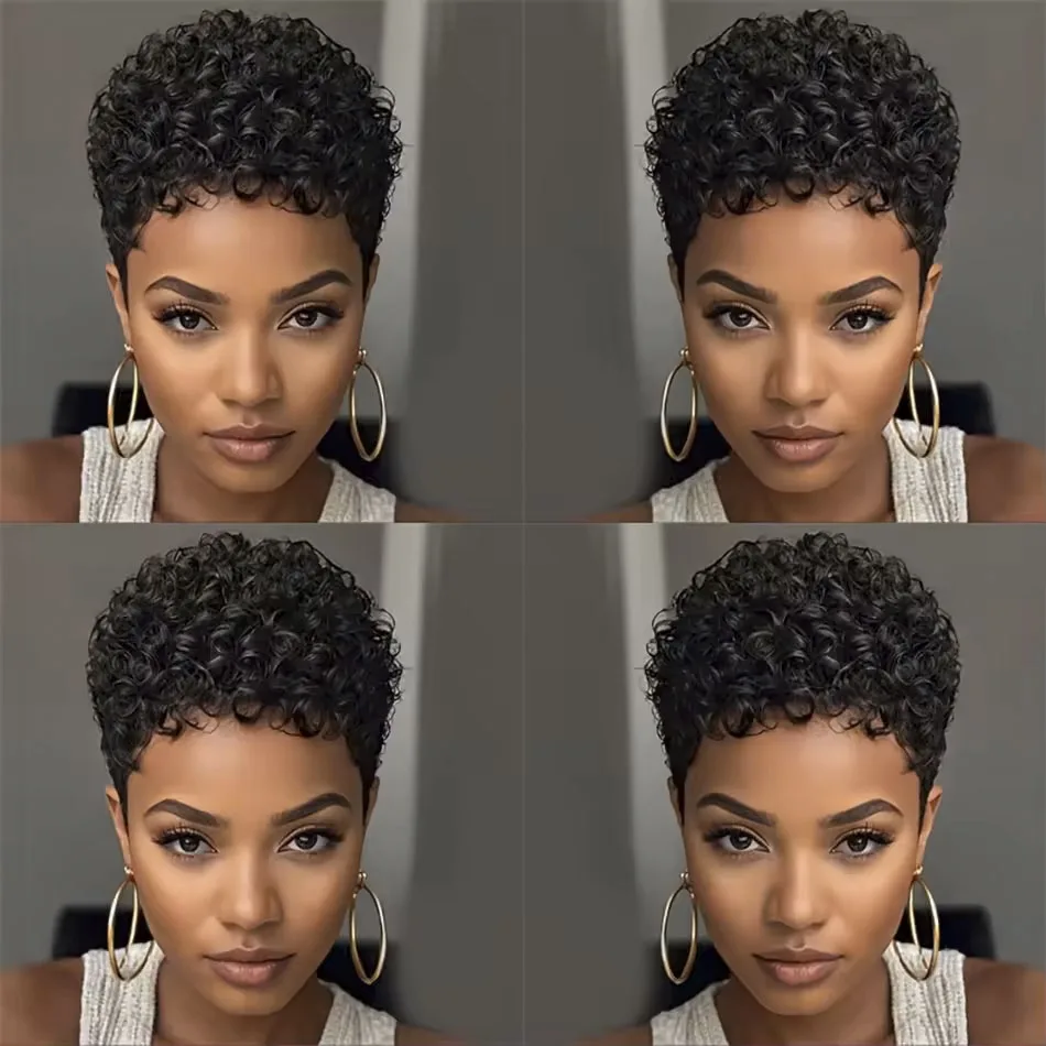 قصيرة عابث قطع باروكة من شعر طبيعي عابث شعر مستعار مجعد البرازيلي شعر ريمي للنساء آلة صنع الأفرو بيكسي تجعيد الشعر 100% خصلات الشعر المستعار الإنسان