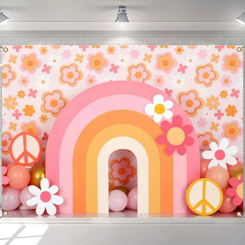 

LS Bohemian Rainbow Backgrounds Cake Smash Kids Adult Photography Props Child Baby Decors Full Bloom Flowers Photo Backdrops