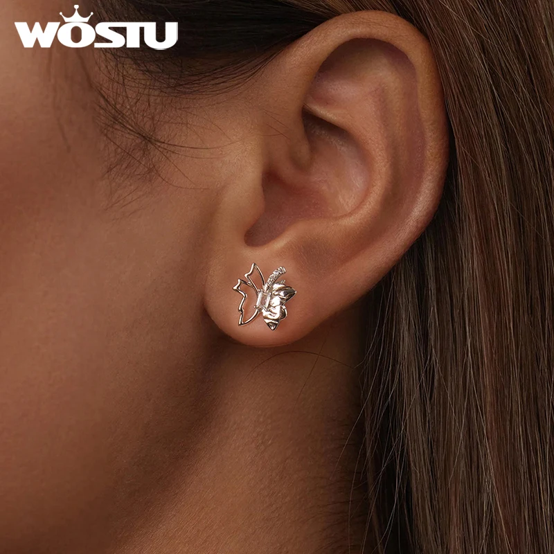 WOSTU 925 Sterling Silver Hollow Butterfly Leaf Stud Earrings For Women Unique Flower Drop Dangle Earring Wedding Party Gift