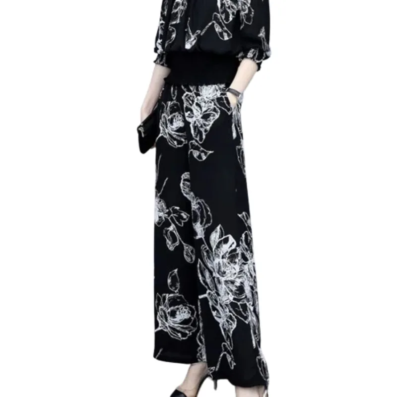 Women's Spring Autumn Floral Print Pullover One Shoulder Shirring Lantern Long Sleeve Jumpsuit Fashion Loose Office Lady Pants