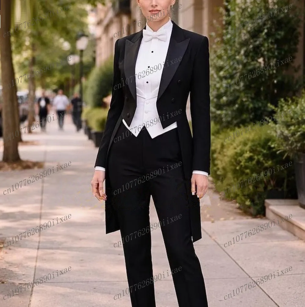 

Long Black And White Women Suits Lady Business Office Tuxedos Mother Wedding Party Formal Ladies 3 Piece Jacket Vest Pants
