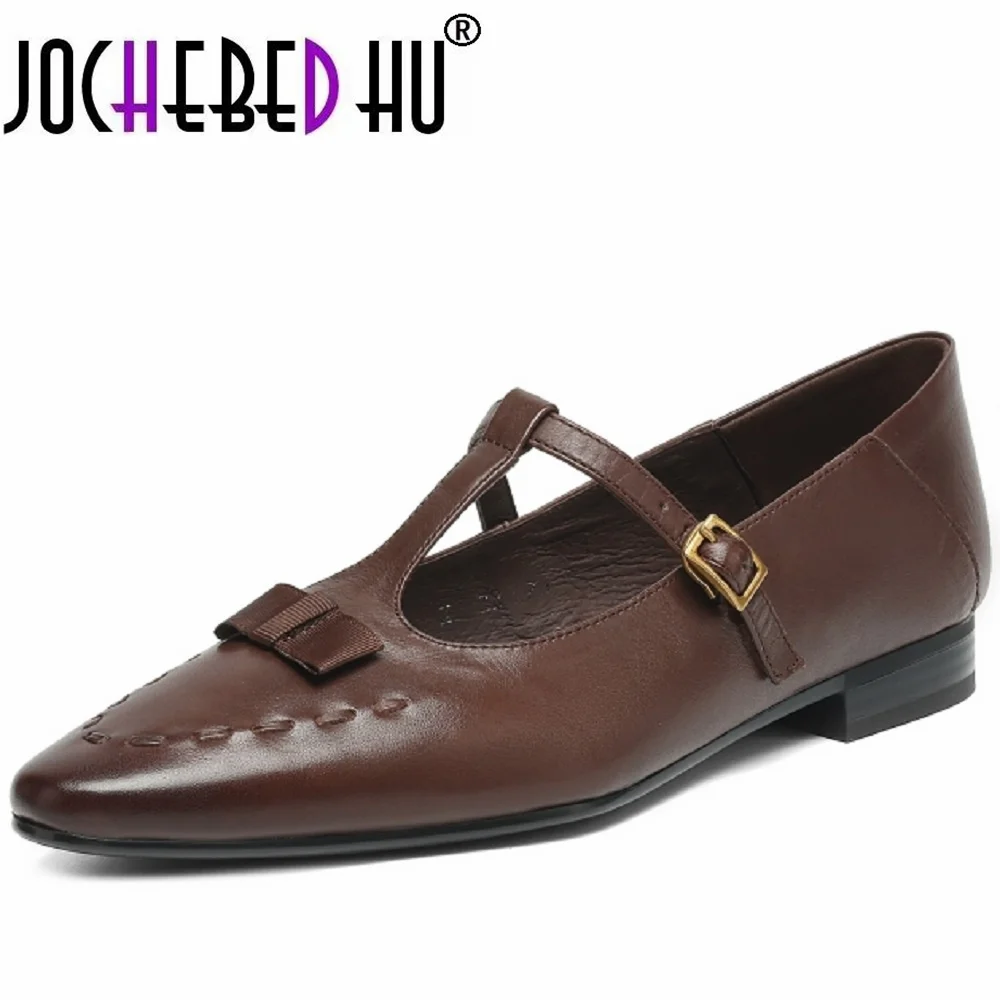 

【JOCHEBED HU】Удобная женская кожа ручной работы из натуральной кожи Easy Wear oes с квадратной головкой Thi Heel, удобная женская версия Single oes 34-40