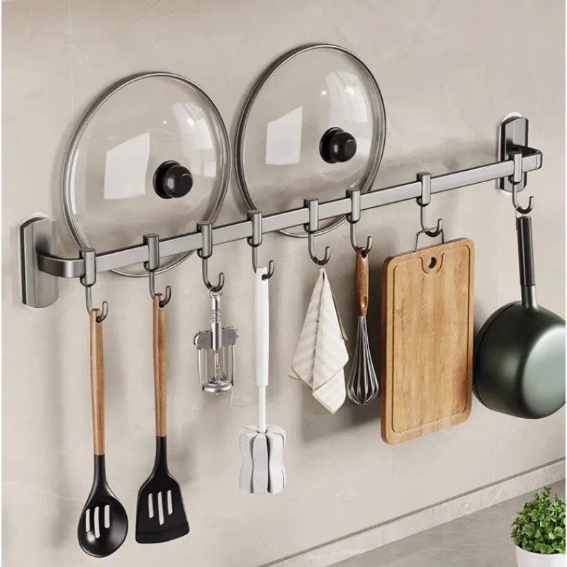 

Pot Pan Hanger Rods with 7 Sliding Hooks, Kitchen Utensil Rack Bathroom Towel Wall Hanging Rails Stainless Steel Rail Rack