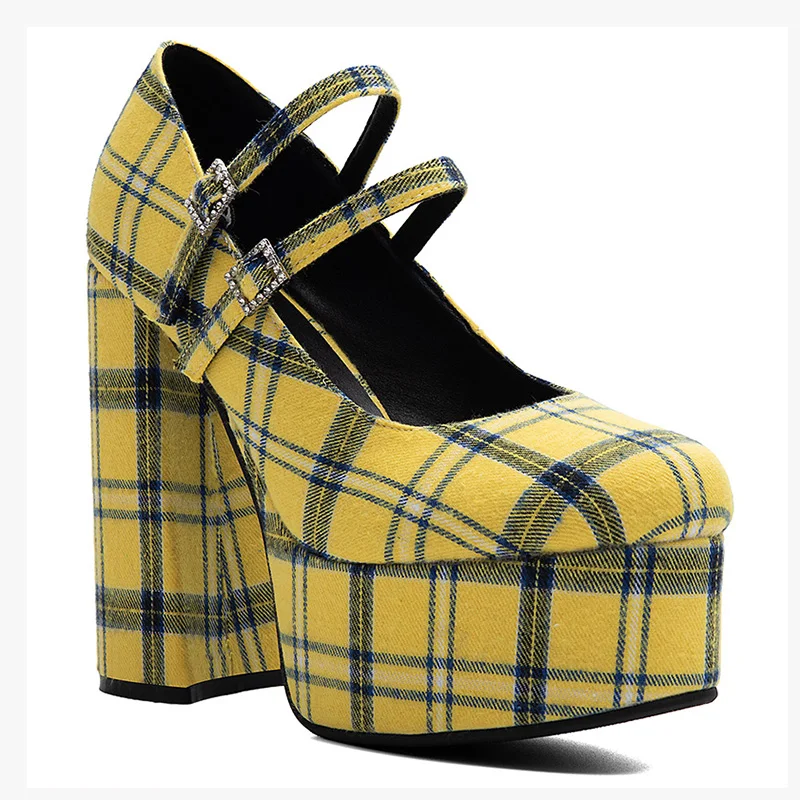 Rontic Women Yellow Plaid Platform Mary Jane Pumps Round Toe Double Buckle Strap Block High Heels Ladies Goth Party Dress Shoes