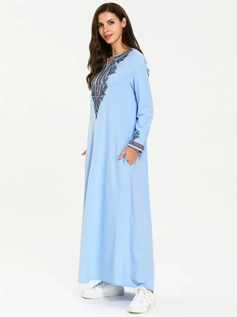 Womens Muslim Abaya Maxi Dress Modest Islamic Robe Kaftan Dubai Muslim Dress Pockets Embroidery 7721