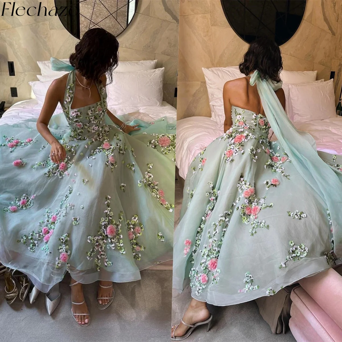 Flechazo Mint Green Homecoming Dresses Halter-Neck Open Back Flower Formal Occasion Dress For Women 2024 فساتين quinceanera