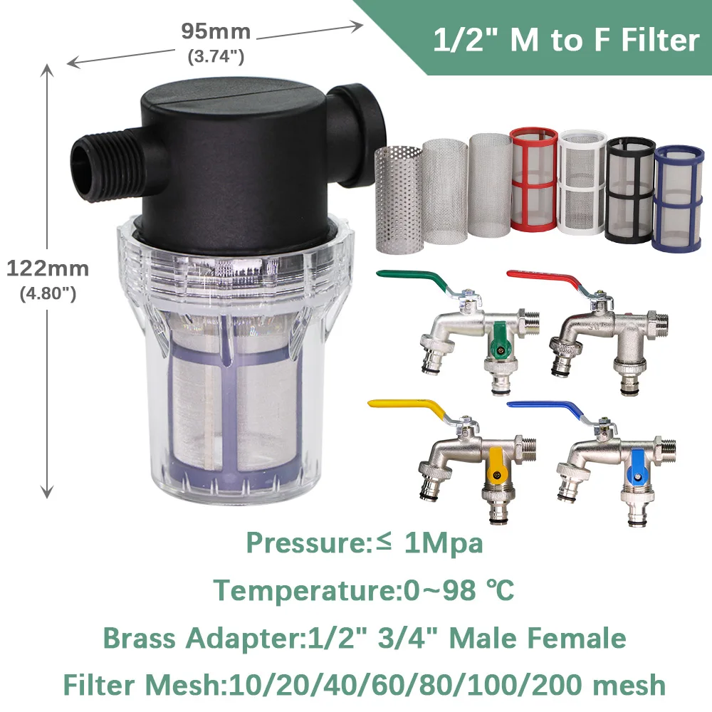 1/2'' 3/4'' 16mm IBC Tank Filter 1/2-Way Brass Taps Garden Irrigation Watering Filter Impurities Hose Adapter Strainer Mesh