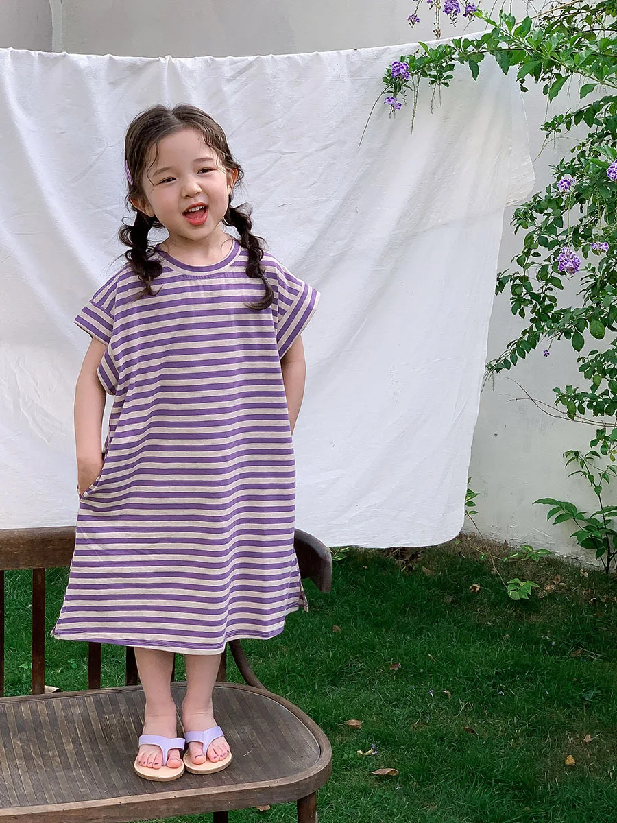 Korean Style Baby Girls T-Shirt Dress Purple/Green Long Loose Cotton Dress with White Stripes Kids Short Sleeved Casual Clothing