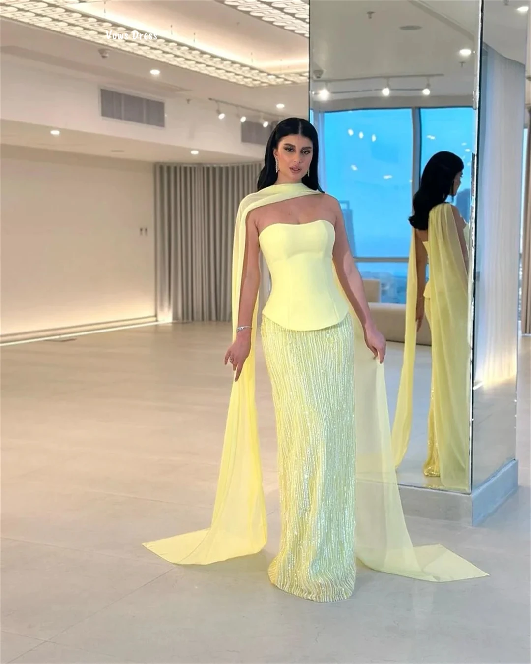 

Vows Yellow Evening Dresses Woman Elegant Women's Dresses for Wedding Party Dress Custom Made Ribbon Chiffon Ball Gown Dress