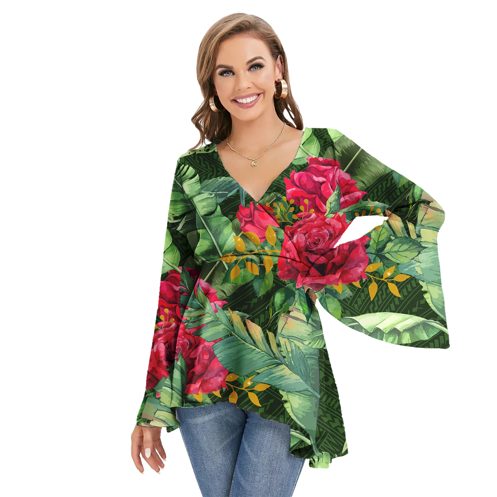 Clothes Women Style American Samoa Polynesian Tribal Pattern Casual Shirts Loose Classic Tops Floral Chiffon Blouses