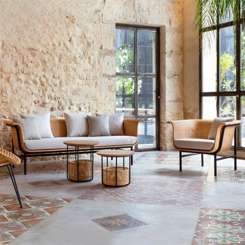 Outdoor rattan sofa courtyard rattan woven indoor living room balcony waterproof outdoor furniture