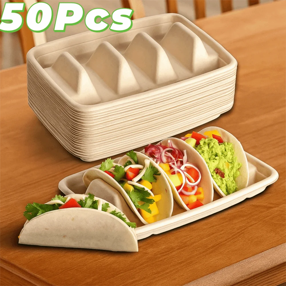 50Pcs 3 Compartments Disposable Taco Plates Biodegradable with Lid Taco Holder Pulp Stackable Taco Serving Tray Takeout