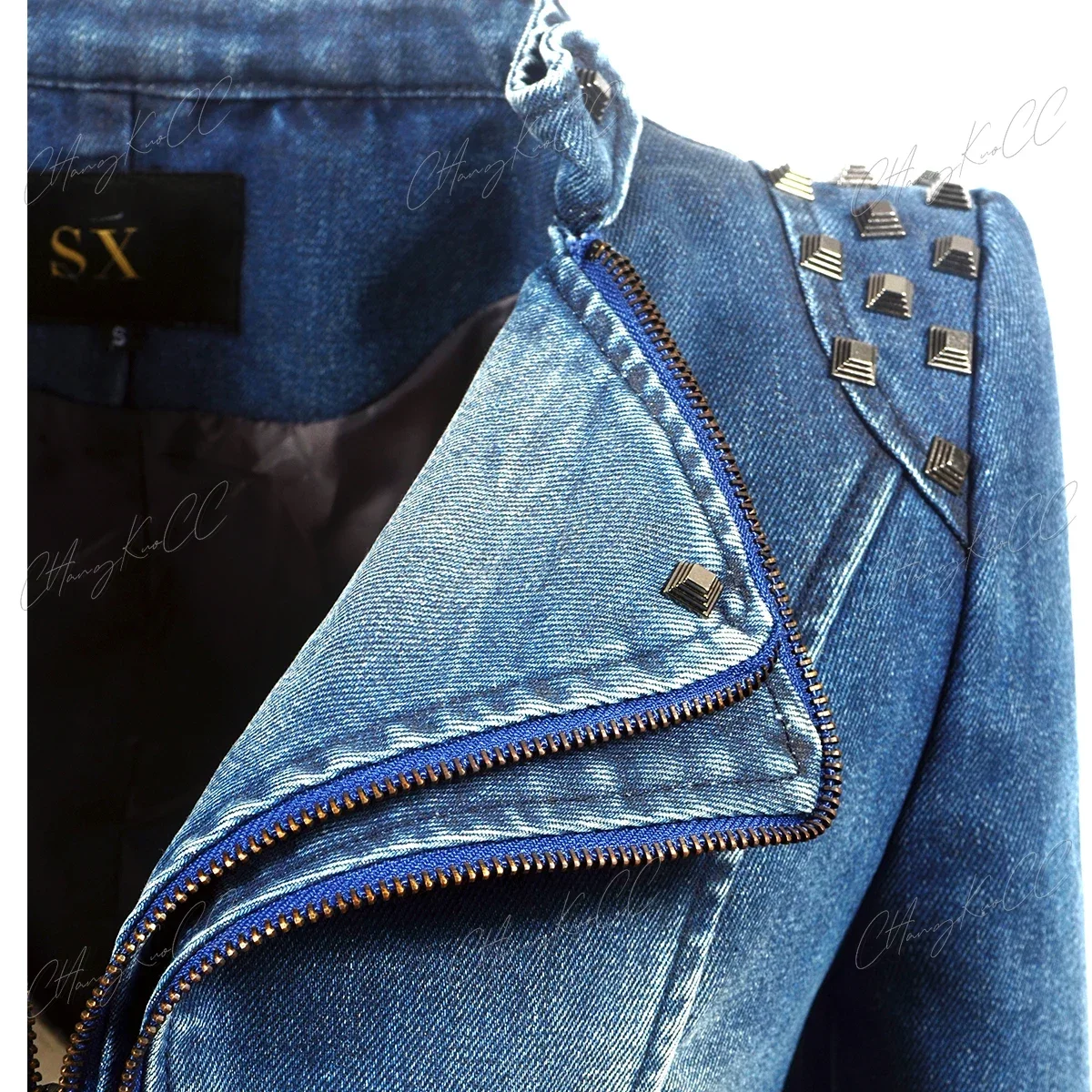 Casaco punk rebite curto denim para mulheres, casaco fino, manga comprida, tachas vintage casuais, vestuário de motocicleta, tamanho grande