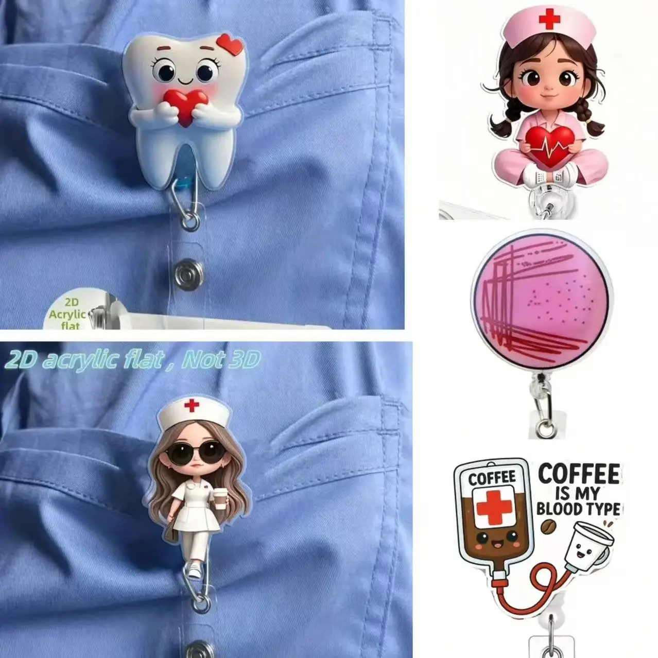[مسطح [قطعة واحدة من حامل شارة قابل للسحب لطيف على شكل ممرضة مع مشبك لبطاقة الهوية - بكرة اسم الموظفين الطبيين من الأكريليك للأطباء، RN، LPN
