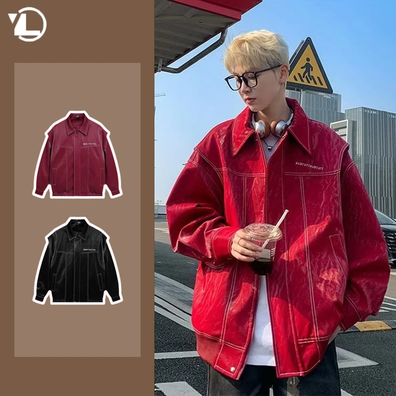 PU Leather Embroidery Bomber Jackets Mens New 2024 Couples Trendy Motorcycle Coats Red Retro Punk Loose Outwear Streetwear