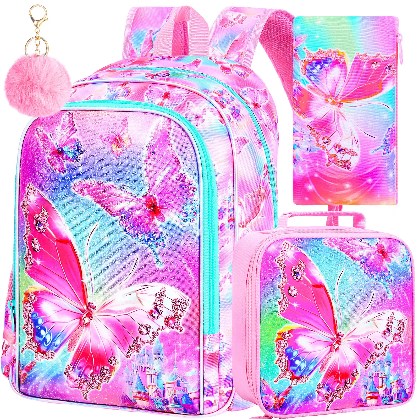 3pcs-girls-backpack-set-school-bag-with-lunch-box-pencil-case-pom-pom-keychain-kids-primary-school-bookbag-travel-daypack