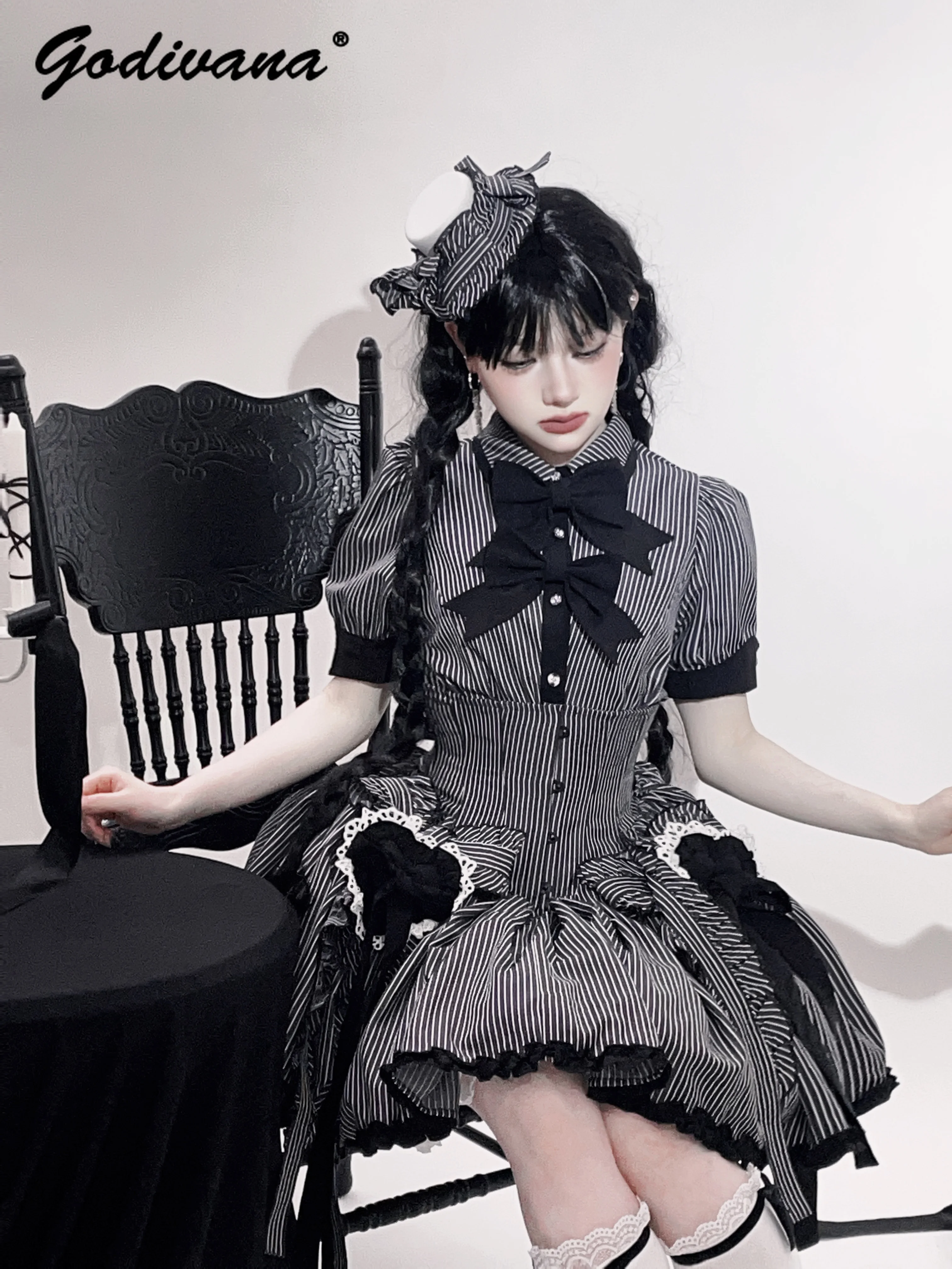 

Новая весенне-летняя оригинальная блузка в стиле Лолиты с коротким рукавом и тонким бантом, рубашки с высокой талией, пышная юбка, комплект из 2 предметов, женская одежда