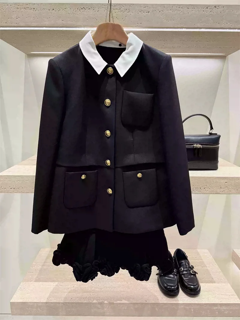 Contrasting Color Lapel Women Gold Single Breasted Suit Jacket Multi Pockets Long Sleeved Ladies Wool Blend Coat Autumn New