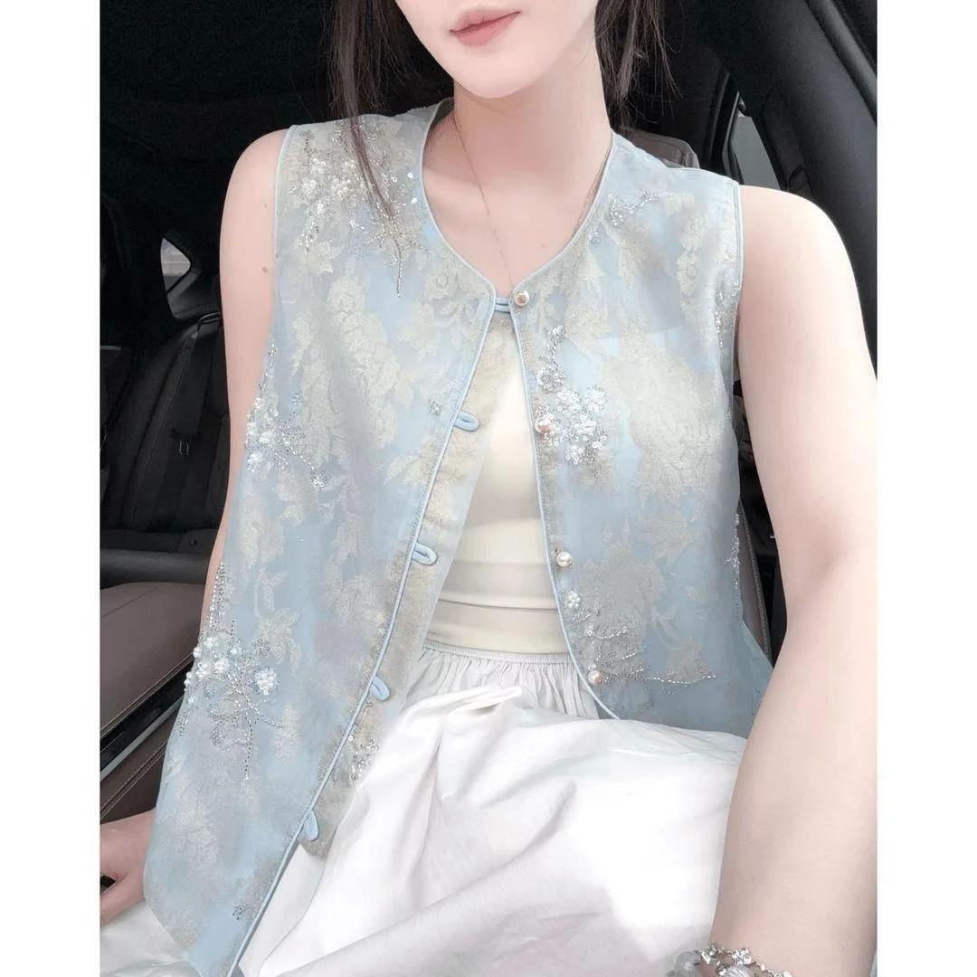 Women New Chinese Light Blue Floral Jacquard Beaded Organza Sleeveless Frog Button Vest