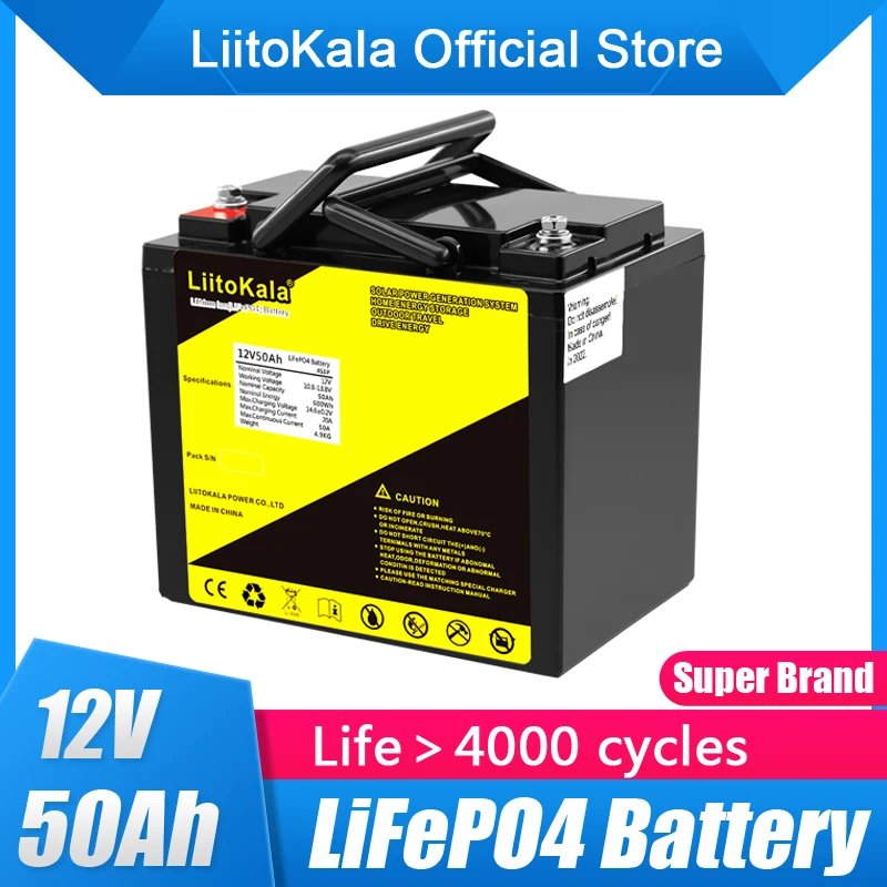 LiitoKala 12V 50ah 60ah Lithium 12.8V LiFePO4 Battery pack for Solar Energy storage system Electric Boat Yatch 14.8V20A charger