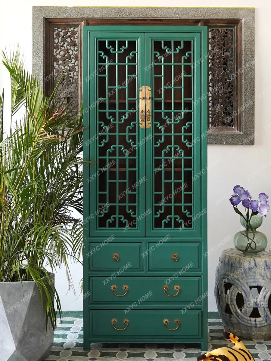 Solid wood floral pattern wardrobe, classic painted distressed display cabinet, study storage cabinet