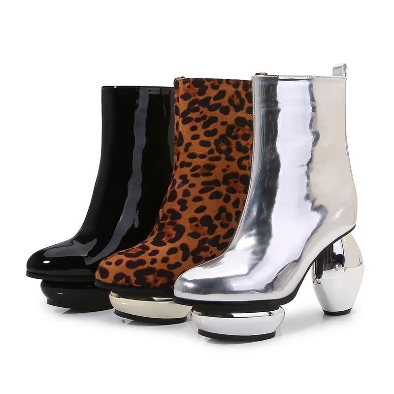 High Heel Boots Womens Shoes Heels Women Winter  Cool Fashion New Autumn Winter Thick-heeled Silver Patent Leather Short Bling