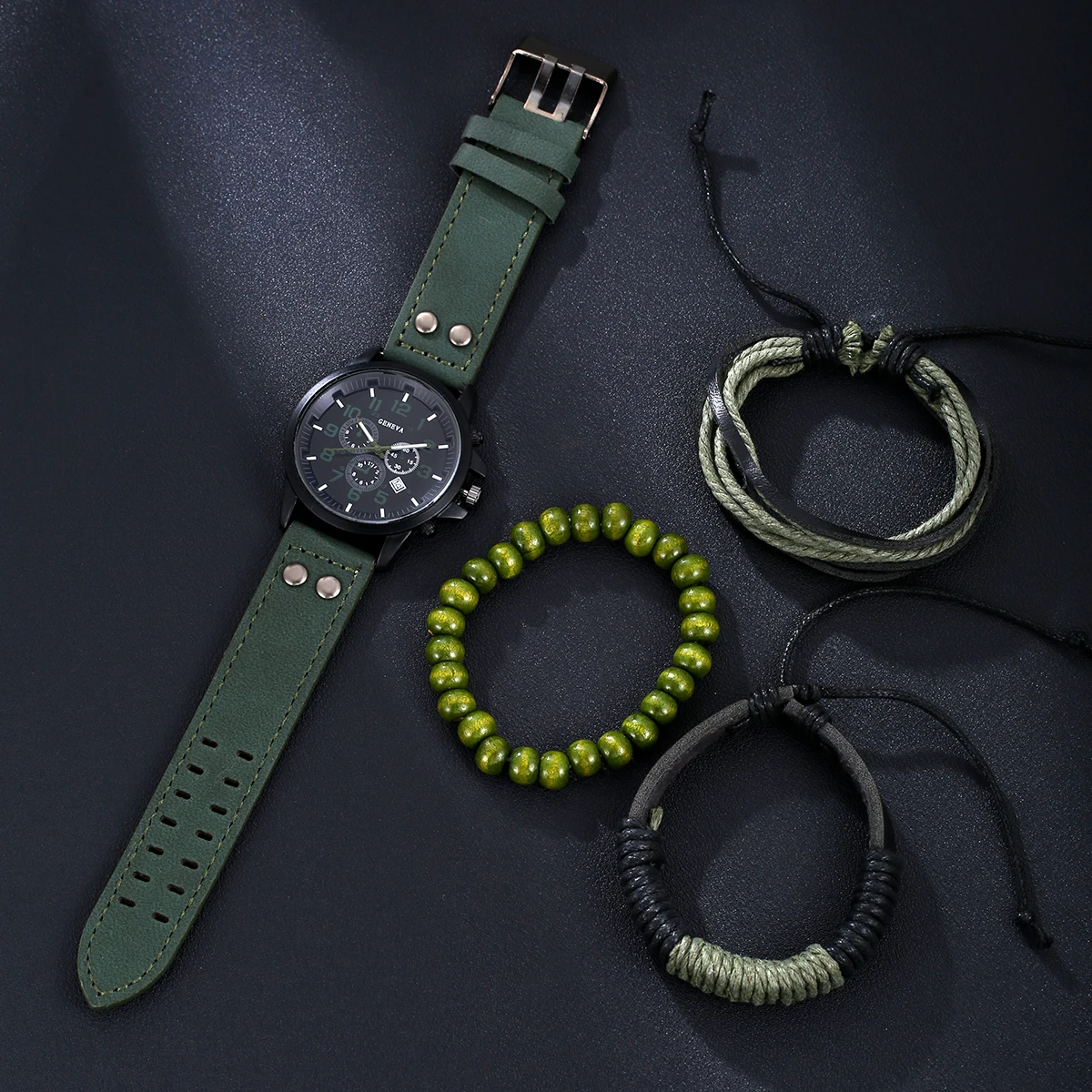 Men\'s New Handsome Army Green Belt Quartz Watch+Three Bracelets