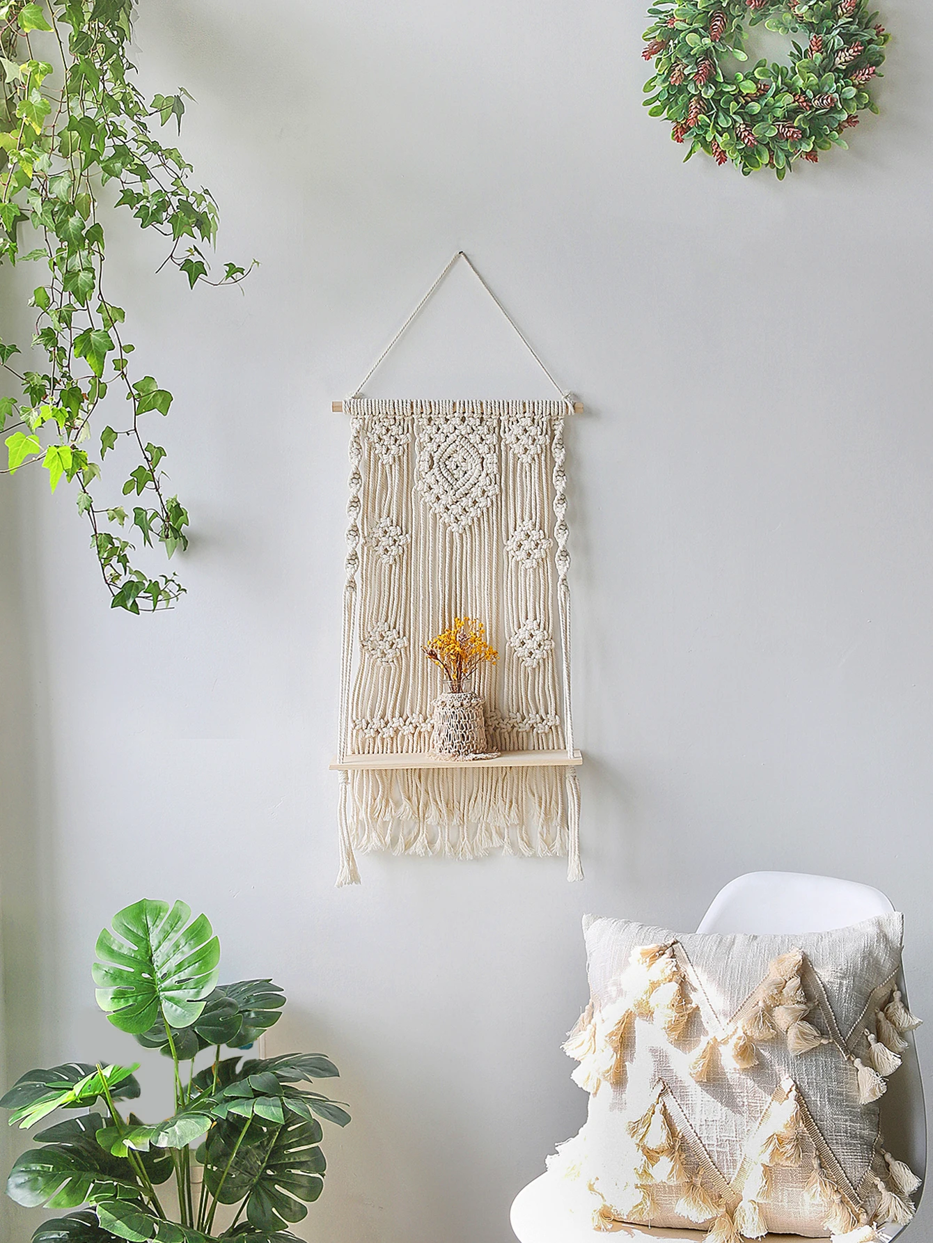 Hand Woven Macrame Wall Hanging Shelf Tapestry Nordic Bedroom Living Room Plant Flower Pot Tray Boho Condo Study Home Decoration