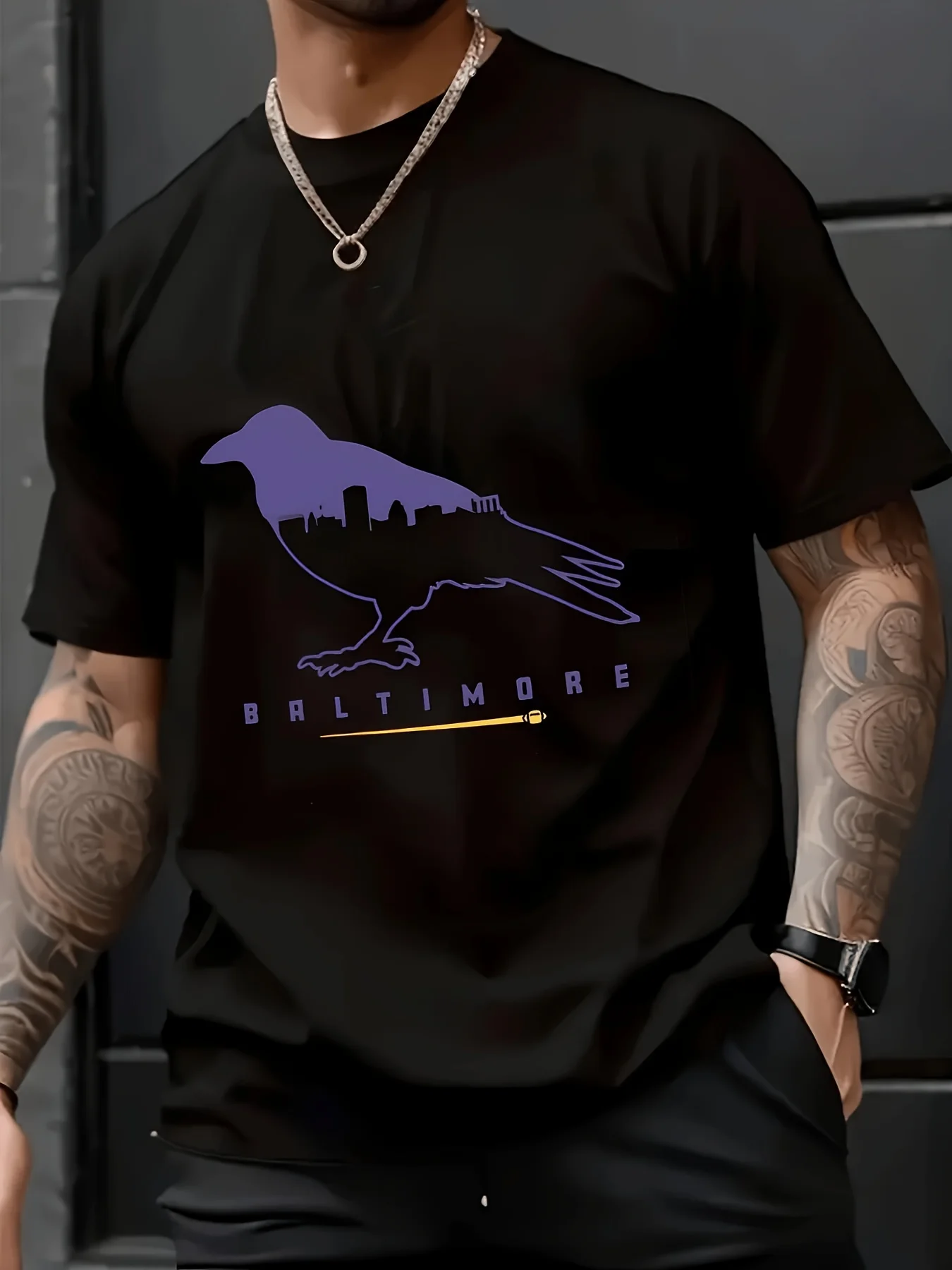 Letter Print T-Shirt for Men, Baltimore Event Series, Crew Neck Shirt, Black and White T-Shirt, Trendy Fashion Casual Sports Style, Baltimore Fan Football Shirt, Outdoor Leisure, Suitable for All Seasons