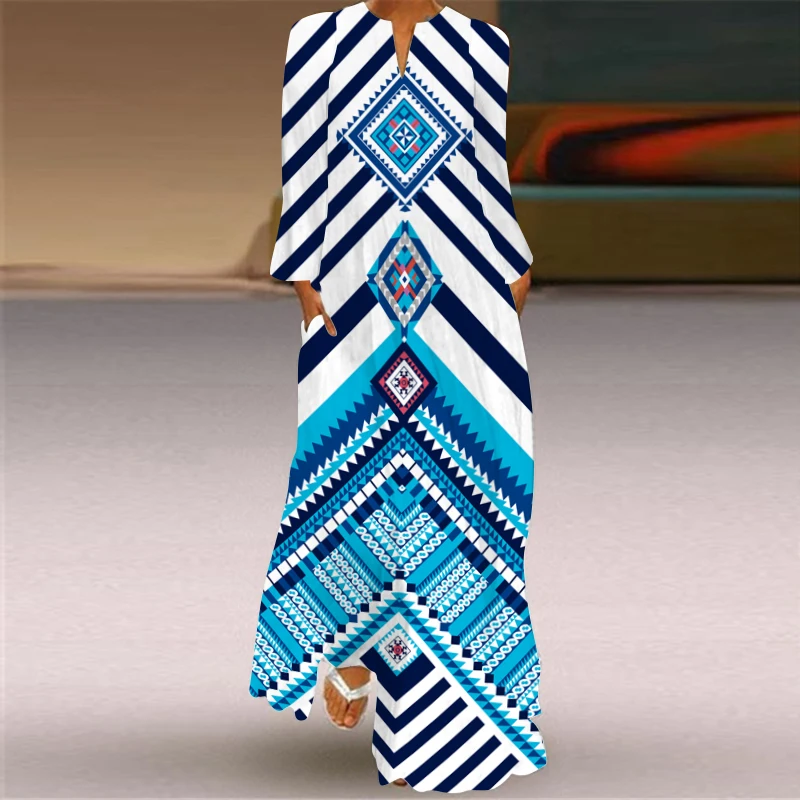 Damska jesienna zimowa długa sukienka Elegancka impreza Casual V Neck Długi rękaw Kamizelki Styl Luźne paski Drukowanie Vintage Maxi Sukienki
