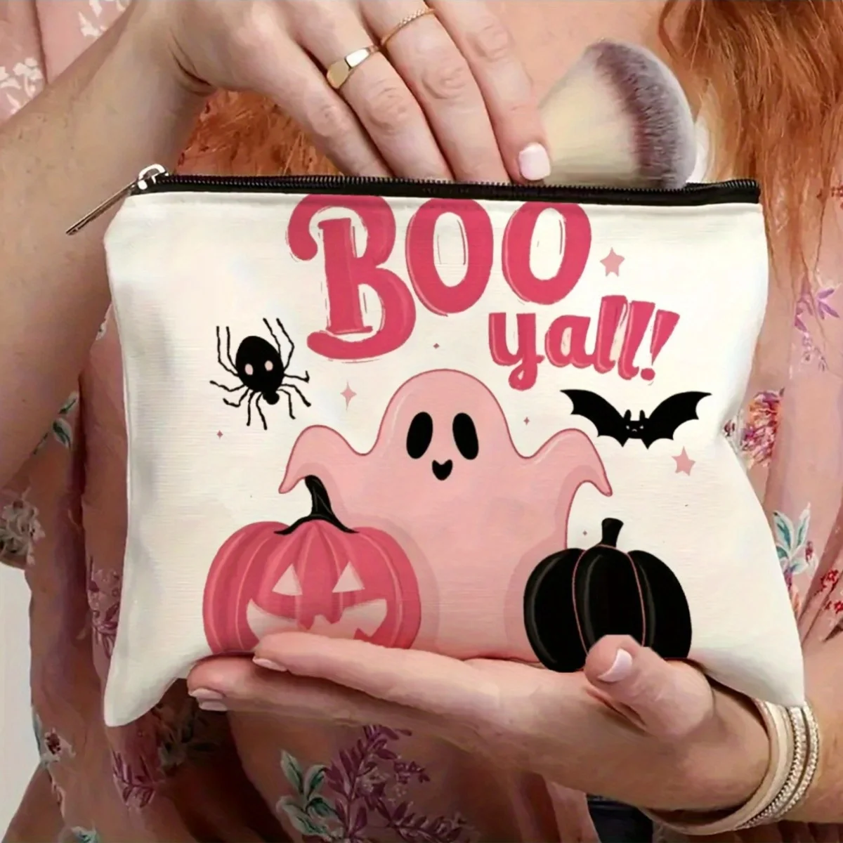 AHalloween – trousse de maquillage à motif de citrouille fantôme rose, pochette multifonctionnelle à fermeture éclair, sac de rangement de bijoux, petite fermeture éclair de voyage parfaite