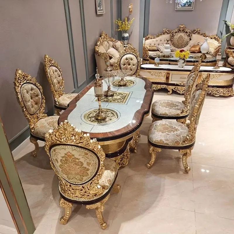 Court Dining Table And Chair Combination, Solid Wood Carved Western Dining Table, Luxury High-end Long Dining Table