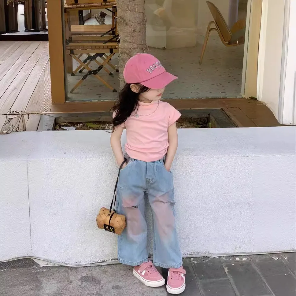 

Girls Pants Korea Style 2024 Summer New Gradient Color All Match Ripped Jeans Wide Leg Pants Baby Fashion Kids Summer Clothes