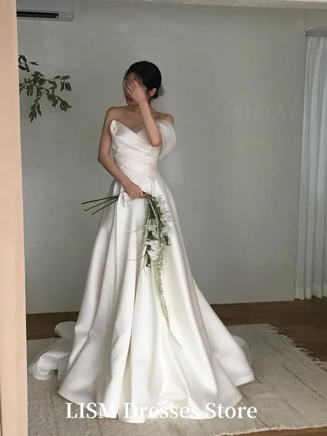 LISM One Shoulder Sweetheart Korea Wedding Dresses Photo Shoot Silk Satin A-Line Long Elegant Bridal Gowns 결혼식 드레스
