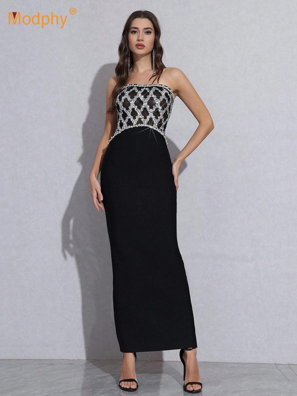 

Modphy Sexy Strapless Sequin Mesh Diamond Patchwork Bandage Long Dress Women Black Backless Bodycon Maxi Dresses Celebrity Party