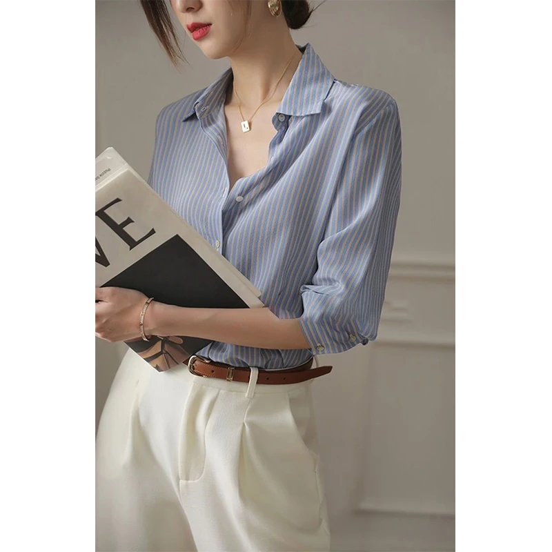 Women Striped Shirts Fashion Korean Long Sleeve Basic Chiffon Blouses Summer Office Ladies Elegant Loose All Match Chic Tops New