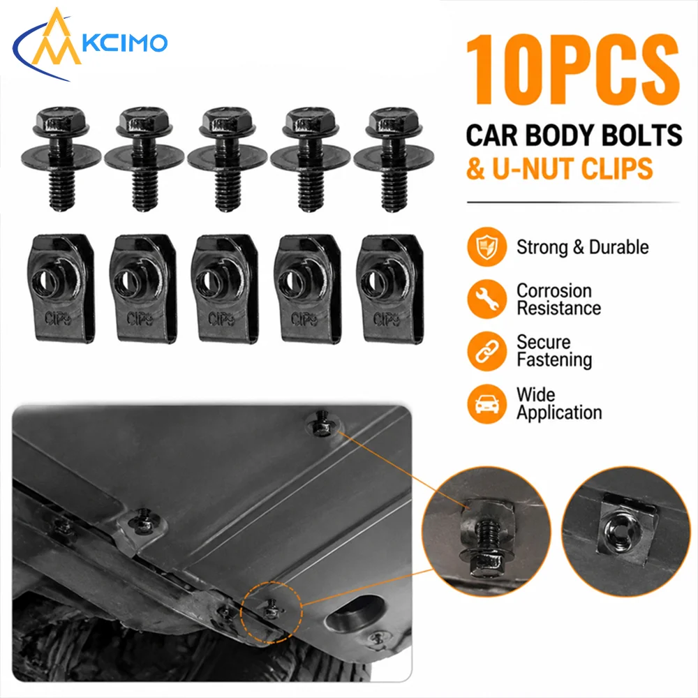 10Pcs M6 Auto Bolt & U-Nut Fastener Set, Engine Cover & Undertray Retainer Screws, Car Bumper Fender Fixing Clips