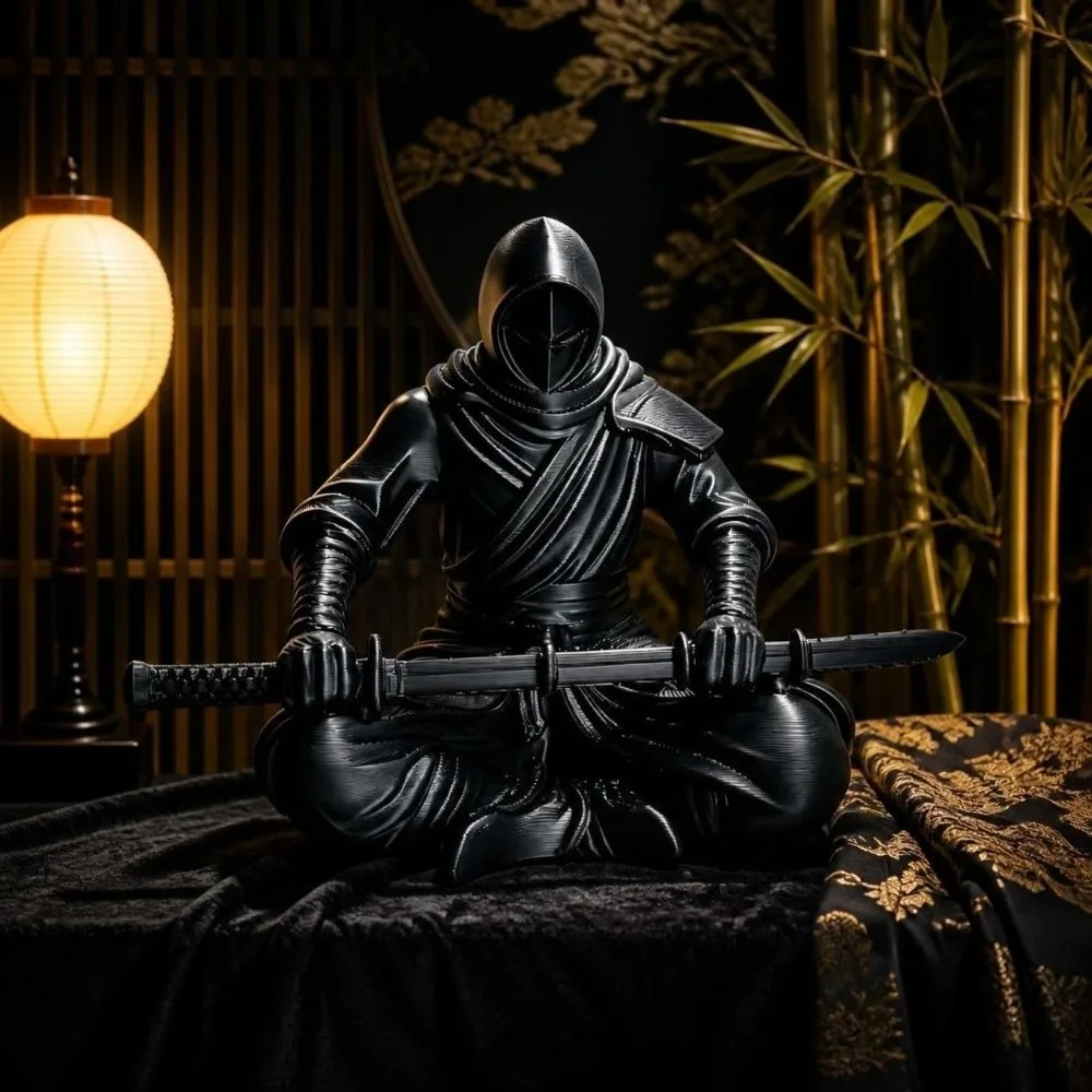 Desk Ornaments Sitting Pose Ninja Ornaments Dark Style 3D Printed Warrior Figurine Home Decor Zen Statue Desk