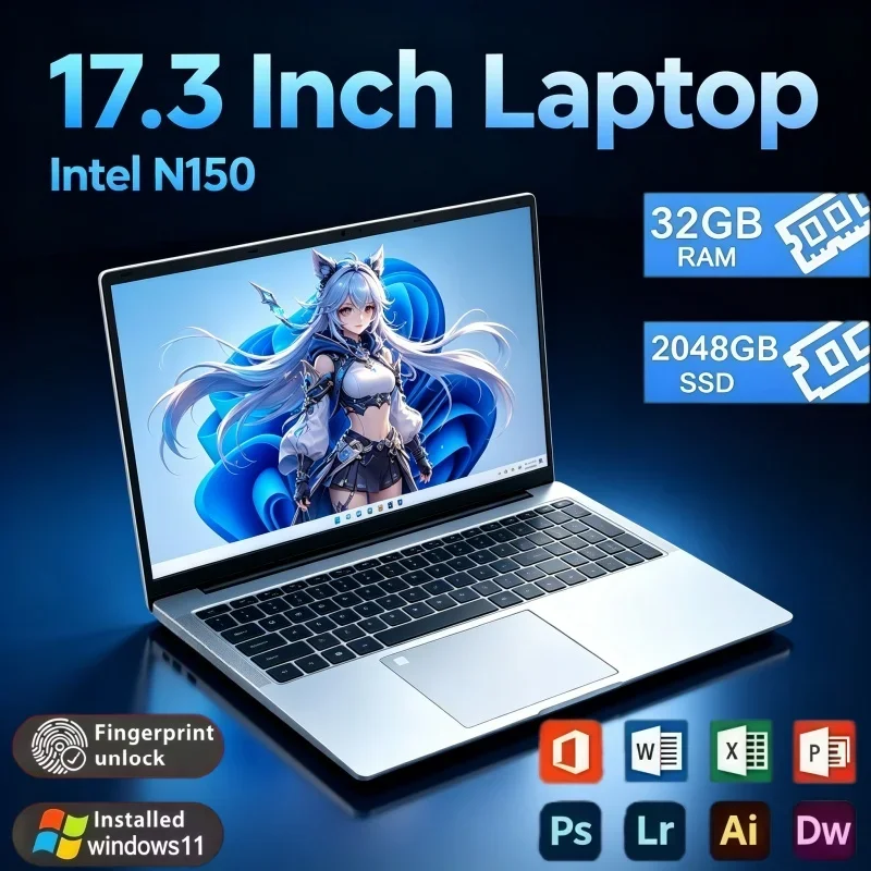 High Performance Laptop Intel N150 17.3 Inch 4K Display Win11 32GB RAM 2TB SSD WiFi6 Fingerprint Unlock Notebook For Business
