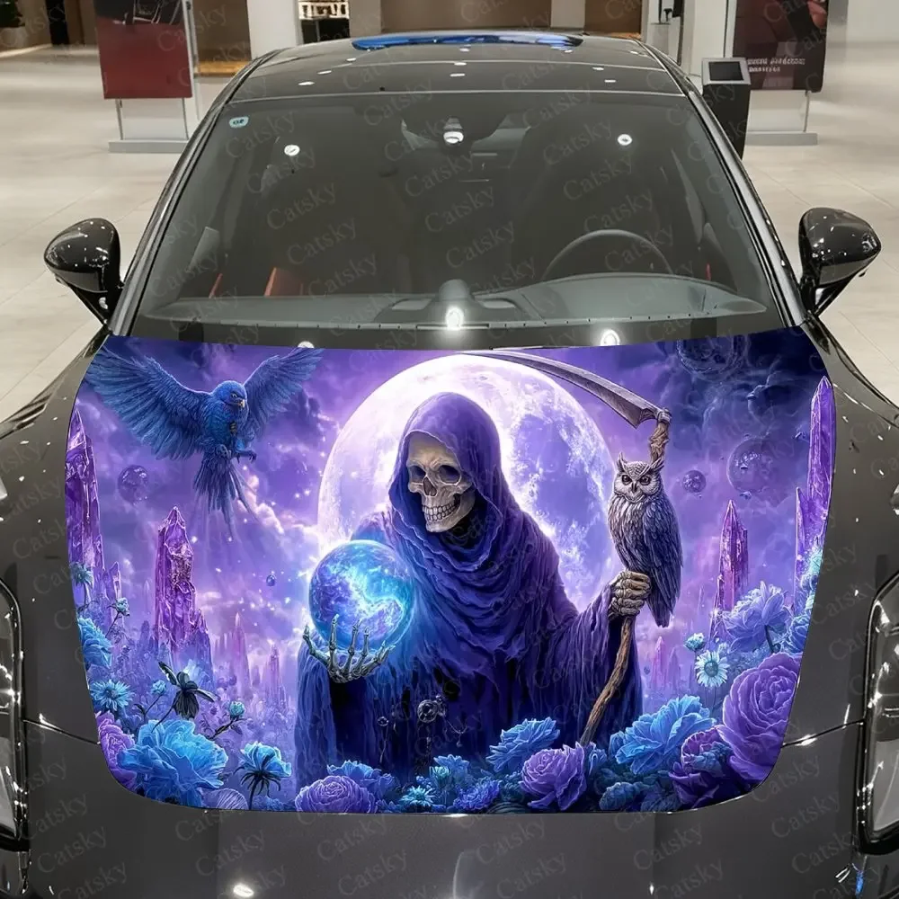 Skeleton Wanderer & Spirit Pets in Purple Moon Realm Car Vinyl Wrap, PVC Material Waterproof Car Hood Sticker, Self-Adhesive Scr